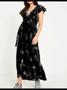Urban Outfitters Black Floral Velvet Wrap Maxi Dress